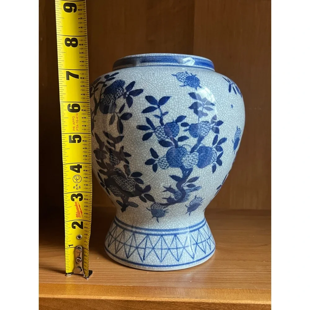 Vintage Blue and White Crackle Glaze Chinoiserie Ceramic Floral Vase 8 Inch